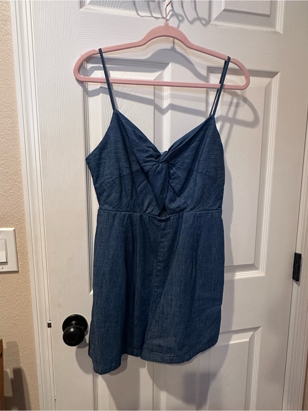 Chambray Twist-Front Spaghetti Strap Mini romper
